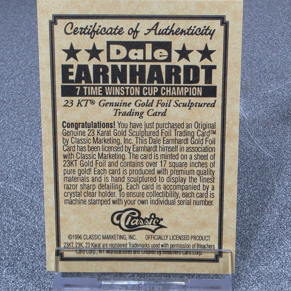 Classic‎ Dale Earnhardt 23KT Gold Foil Trading Card Gold Excellent 1996 COA